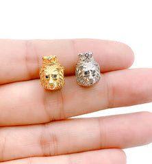24K Gold Filled CZ King Crown Lion Head Spacer Beads, Micro Pave Cubic Zirconia Charm Beads, Large Hole Beads, Men’s Jewelry Findings, 14x10mm, BD069