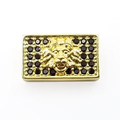 24K Gold Filled Black CZ Large Hole Embossment Lion Head Spacer Pave Beads, Cubic Zirconia Cuboid Spacer Beads, Men’s Bracelet Findings, 13x8mm, BD075