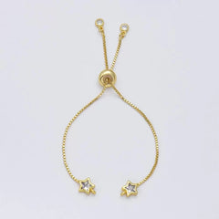 18K Gold Filled Adjustable Round Heart Star Bracelet Half Semi Finished w/ Rubber Stopper CZ Charm Bracelets Tennis Bracelet Box Chain, BR068