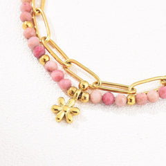 18K Gold Filled Rhodochrosite Flowers Bracelet, Natural Gemstone Jewelry, Bohemian Style Paper Clip Link Chain Bracelet, BR072