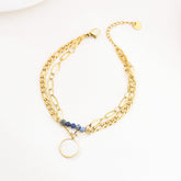 18K Gold Filled Layered Bracelet for Women, Beaded Bracelet with Blue Beads and Round Shell Pearl Charm, Paperclip Chain Bracelet, BR073