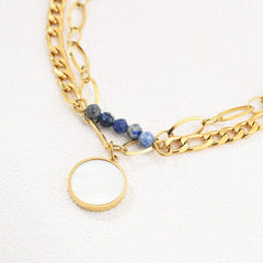 18K Gold Filled Layered Bracelet for Women, Beaded Bracelet with Blue Beads and Round Shell Pearl Charm, Paperclip Chain Bracelet, BR073