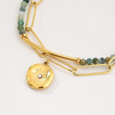 18K Gold Filled Layered Bracelet for Women, Beaded Bracelet with Green Beads and Star Charm, Paperclip Chain Bracelet, BR074