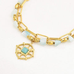 18K Gold Filled Layered Bracelet for Women, Beaded Bracelet with Turquoise Beads, Paperclip Chain Bracelet, BR075