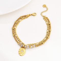 18K Gold Filled Layered Bracelet for Women, Beaded Bracelet with Blue Beads and Evil Eye Charm, Paperclip Chain Bracelet, BR076