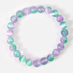 Natural Fluorite Stone Beaded Bracelet, Selenite Round Green Purple, 7 Inch, 6/8mm, Healing Bracelet, BR084