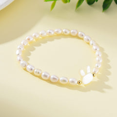 18K Gold Filled Elegant White Pearl Bunny Head Bracelet, Natural Freshwater Pearl Bracelet, Adjustable Stretch Elastic Bracelet, BR087
