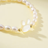 18K Gold Filled Elegant White Pearl Bunny Head Bracelet, Natural Freshwater Pearl Bracelet, Adjustable Stretch Elastic Bracelet, BR087