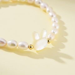 18K Gold Filled Elegant White Pearl Bunny Head Bracelet, Natural Freshwater Pearl Bracelet, Adjustable Stretch Elastic Bracelet, BR087