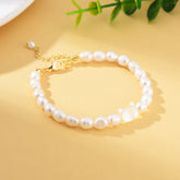 18K Gold Filled Elegant White Pearl Cat Head Bracelet, Natural Freshwater Pearl Bracelet, Minimalist Adjustable Bracelet, BR088