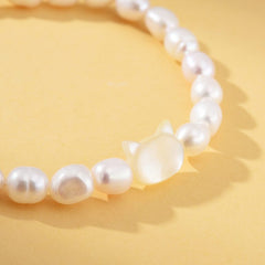 18K Gold Filled Elegant White Pearl Cat Head Bracelet, Natural Freshwater Pearl Bracelet, Minimalist Adjustable Bracelet, BR088