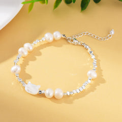Silver Elegant White Pearl Cat Head Bracelet, Natural Freshwater Pearl Bracelet, Minimalist Adjustable Bracelet, BR090