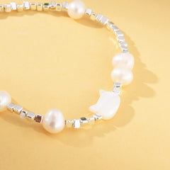 Silver Elegant White Pearl Cat Head Bracelet, Natural Freshwater Pearl Bracelet, Minimalist Adjustable Bracelet, BR090