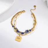 18K Gold Filled Fashion Bohemian Style Bracelet, Beaded Bracelet with Blue Beads and Evil Eye Charm, Paperclip Chain Bracelet, BR091