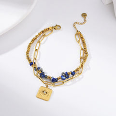 18K Gold Filled Fashion Bohemian Style Bracelet, Beaded Bracelet with Blue Beads and Evil Eye Charm, Paperclip Chain Bracelet, BR091