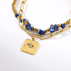 18K Gold Filled Fashion Bohemian Style Bracelet, Beaded Bracelet with Blue Beads and Evil Eye Charm, Paperclip Chain Bracelet, BR091