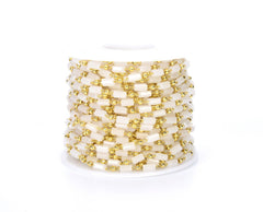 14K Gold Filled White Tube Quartz Crystal Faceted Rectangle Rosary Chain, Gold Wire Wrapped Cylinder Bead Link Chain Necklace 3x5mm, CH023