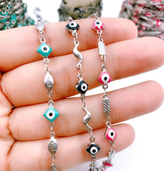 Evil Eye Chain Choker Necklace Enamel Rhodium Silver Beaded Satellite Chain Layering Chain for necklace jewelry making, 6mm, CH128