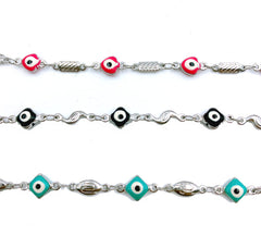 Evil Eye Chain Choker Necklace Enamel Rhodium Silver Beaded Satellite Chain Layering Chain for necklace jewelry making, 6mm, CH128