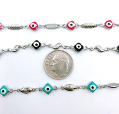 Evil Eye Chain Choker Necklace Enamel Rhodium Silver Beaded Satellite Chain Layering Chain for necklace jewelry making, 6mm, CH128A