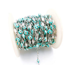 Evil Eye Chain Choker Necklace Enamel Rhodium Silver Beaded Satellite Chain Layering Chain for necklace jewelry making, 6mm, CH128B