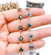 22K Gold Filled Evil Eye Choker Necklace Enamel Stainless Steel Beaded Satellite Chain Layering Chain, 6mm, CH129