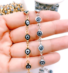 22K Gold Filled Evil Eye Choker Necklace Enamel Stainless Steel Beaded Satellite Chain Layering Chain, 6mm, CH129