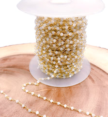 18K Gold Filled Natural Rainbow Moonstone Gemstone bead Cluster Rosary Chain, 3-3.5mm 18K Gold Wire Wrapped Rosary Chain, CH145