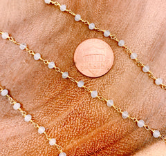 18K Gold Filled Natural Rainbow Moonstone Gemstone bead Cluster Rosary Chain, 3-3.5mm 18K Gold Wire Wrapped Rosary Chain, CH145