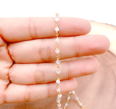 18K Gold Filled Natural Rainbow Moonstone Gemstone bead Cluster Rosary Chain, 3-3.5mm 18K Gold Wire Wrapped Rosary Chain, CH145