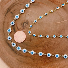 14K Gold Filled Evil Eye Choker Necklace Enamel Beaded Layering Chain, Evil Eye Coin Chain Brass in Enamel, CH154