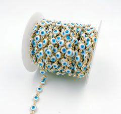14K Gold Filled Evil Eye Choker Necklace Enamel Beaded Layering Chain, Evil Eye Coin Chain Brass in Enamel, CH154