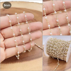 14K Gold Filled Pearl Chain, White Pearl Rosary Chain, Bulk Chain, Rondelle Glass Beads, Beaded Chain, Necklace Chain, CH155