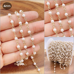 14K Gold Filled Pearl Chain, White Pearl Rosary Chain, Bulk Chain, Rondelle Glass Beads, Beaded Chain, Necklace Chain, CH155