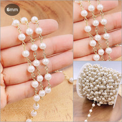 14K Gold Filled Pearl Chain, White Pearl Rosary Chain, Bulk Chain, Rondelle Glass Beads, Beaded Chain, Necklace Chain, CH155