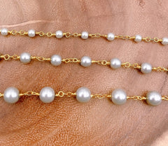 14K Gold Filled Pearl Chain, Grey Pearl Rosary Chain, Bulk Chain, Rondelle Glass Beads, Beaded Chain, Necklace Chain, CH155A