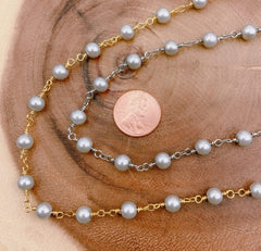 14K Gold Filled Pearl Chain, Grey Pearl Rosary Chain, Bulk Chain, Rondelle Glass Beads, Beaded Chain, Necklace Chain, CH155A
