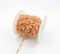 18K Gold Filled Metalic Champagne Pearl Chain By Yard, Chain for Jewelry Making, Beaded Rosary, Bulk Wholesale, 4mm, CH184