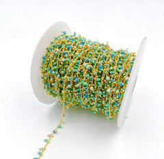 18K Gold Filled Turquoise Glass Beaded Chain By Yard, Chain for Jewelry Making, Seed Beaded Chain, Bulk Wholesale, 2mm, CH186