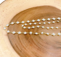 18K Gold Filled White Pearl Hydro Rondelle Beaded Rosary Chain, Freshwater Pearl Chain, 6mm/8mm, Beaded or Necklace Chain DIY Jewelry Making CH214