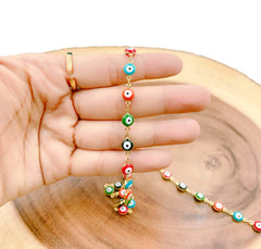 18K Gold Filled Evil Eye Beaded Chain by Foot, Multicolor Enamel Evil Eye Choker Necklace Wholesale Bulk Roll Chain for Jewelry Making, 6mm, CH197