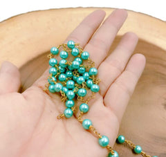 18K Gold Filled Shell Pearl Rosary Beaded Chain by Yard, Wire Wrapped Chain by Foot, Wholesale Unfinished Chain for Jewelry Supply 6mm CH238