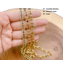 18K Gold Filled Snowflake Obsidian Beaded Chain by Yard, Mookaite Jasper Beaded Chain by Foot Wholesale bulk Roll Chain for Jewelry Making CH242