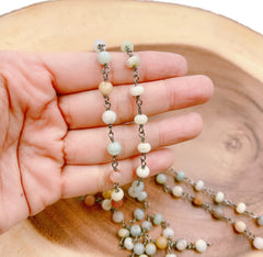 Amazonite Beaded Chain by Yard, Rondelle/Round Cut Matte Amazonite Chain by Foot, Wholesale Bulk Roll Chain in Black Rhodium Finish, CH252