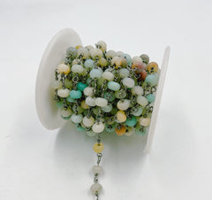 Amazonite Beaded Chain by Yard, Rondelle/Round Cut Matte Amazonite Chain by Foot, Wholesale Bulk Roll Chain in Black Rhodium Finish, CH252