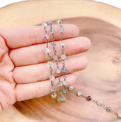 Fluorite Stone Beaded Chain by Yard, Faceted Fluorite Stone Chain by Foot, Wholesale Bulk Roll Chain in Black Rhodium Finish, 6mm, CH253