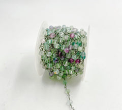 Fluorite Stone Beaded Chain by Yard, Faceted Fluorite Stone Chain by Foot, Wholesale Bulk Roll Chain in Black Rhodium Finish, 6mm, CH253