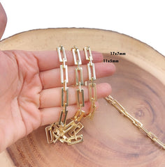 18K Gold Filled Thick Rectangular Flat Paper Clip Chain Necklace, Elongated Chain by Foot, Wholesale Bulk Roll Chain for Jewelry Making, CH279