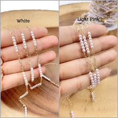 18K Gold Filled White & pink Pearl Chain, Paper Clip Link Chain by Foot, Wholesale Bulk Roll Chain for Bracelet Necklace Jewelry Making, CH305