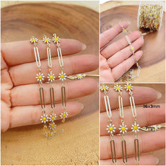 18K Gold Filled Daisy Flower Enamel Chain by Yard, Elongated Unique Paperclip Chain by Foot, Wholesale Bulk Roll Chain for Jewelry Making, CH312